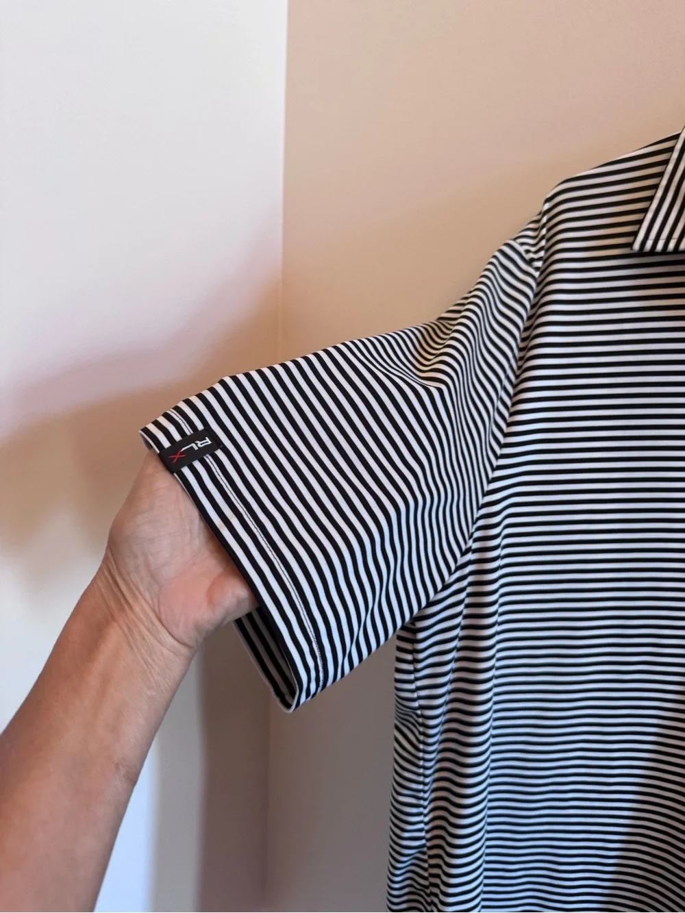 RLX Ralph Lauren Men’s Large Golf Polo Black White Striped Stretch Performance